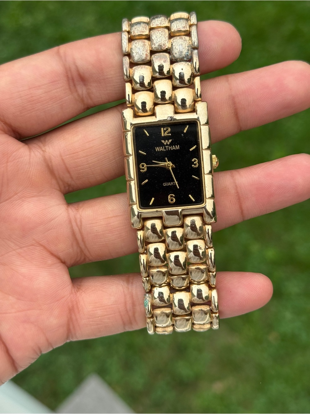 Waltham men’s vintage Gold-Tone Rectangular tank Bracelet Watch - Black Dial